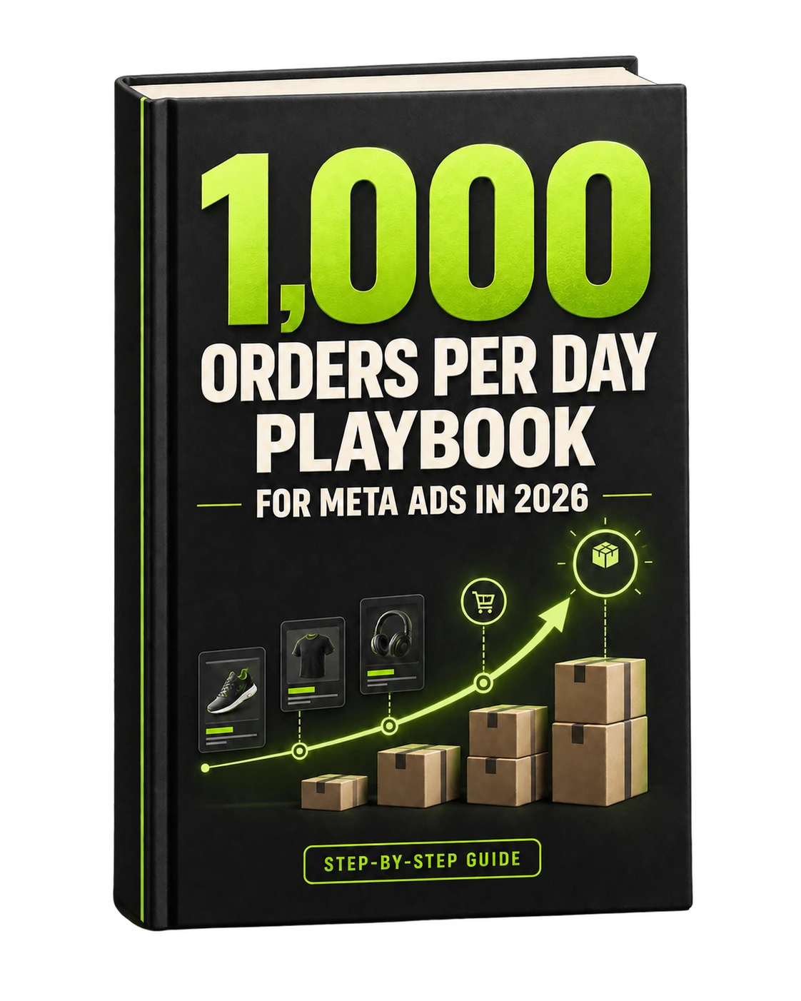 3D hardcover mockup of the 1,000 Orders Per Day Playbook for Meta Ads in 2026