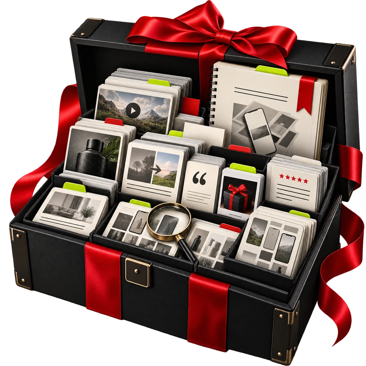 A detailed black gift chest with a red ribbon, creative reference cards and a quick-start guide