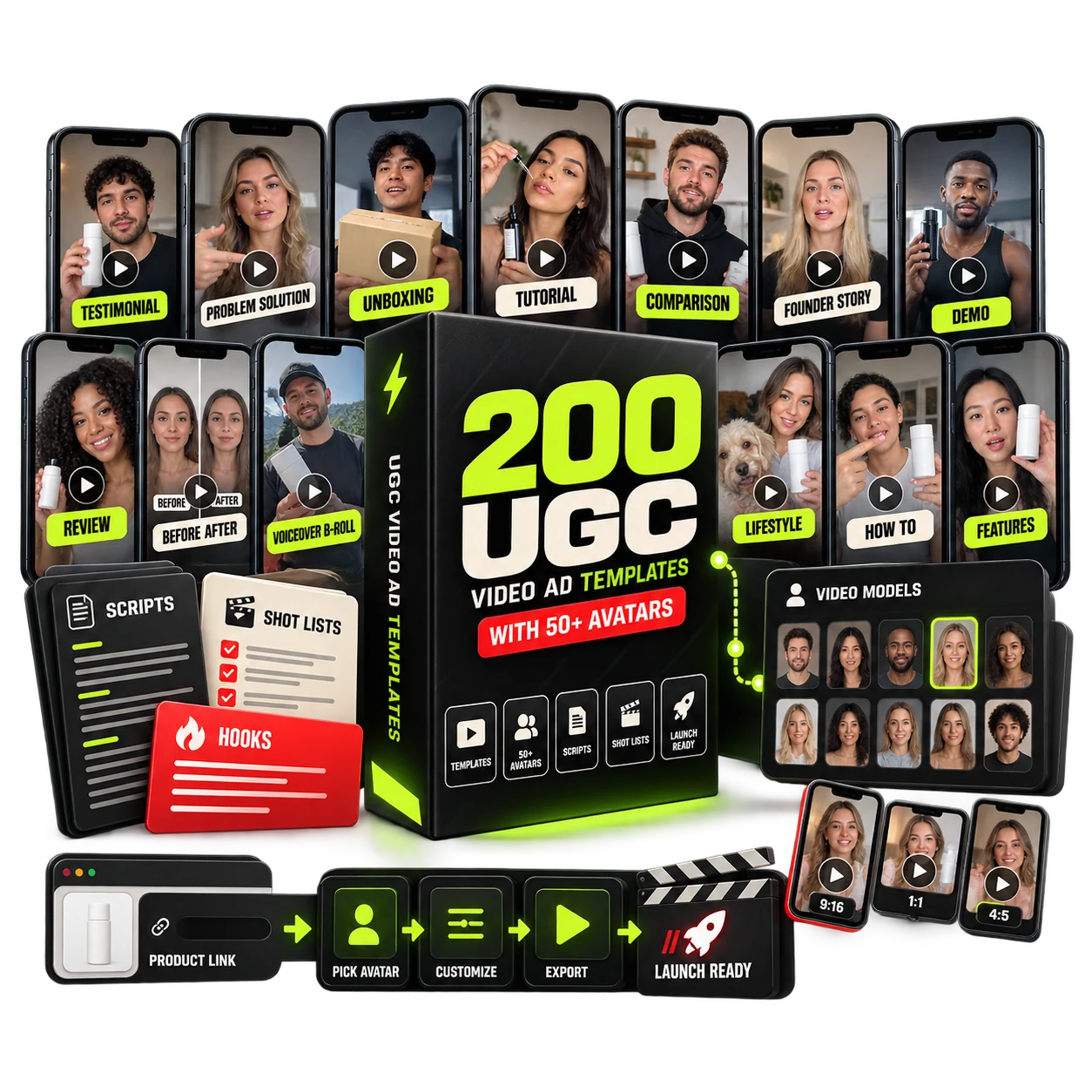 3D vault of 200 UGC video ad templates with more than 50 avatar directions